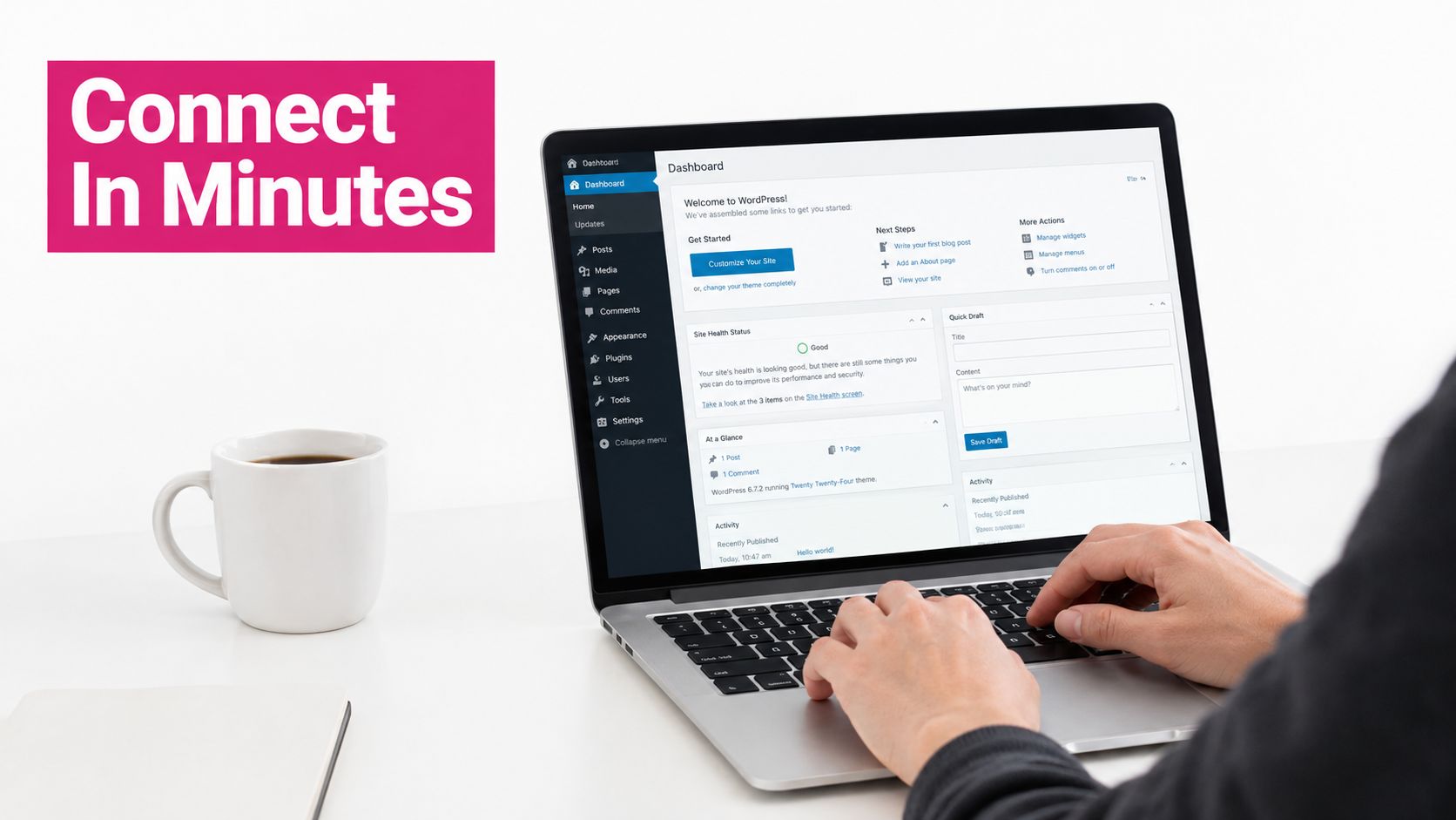 A person using a laptop to manage a WordPress dashboard with a coffee mug nearby.