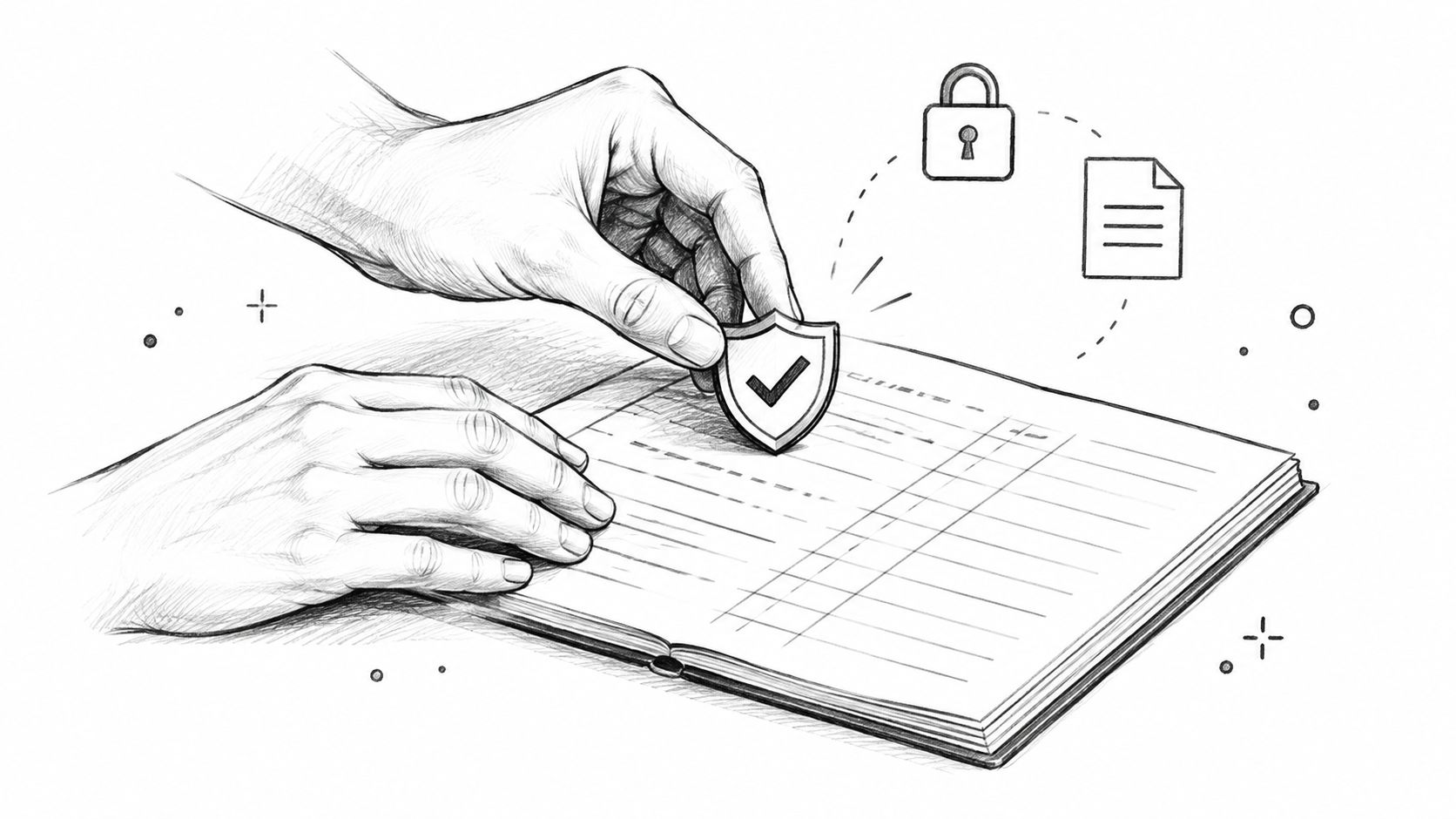 A hand placing a shield icon with a checkmark on a document to symbolize secure marketing automation.