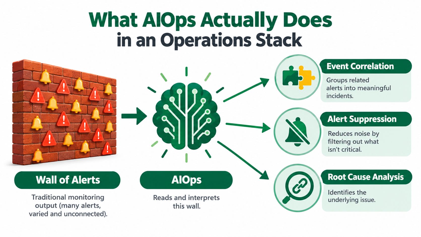 An infographic illustrating how AIOps processes a wall of alerts into correlation, suppression, and root cause analysis.