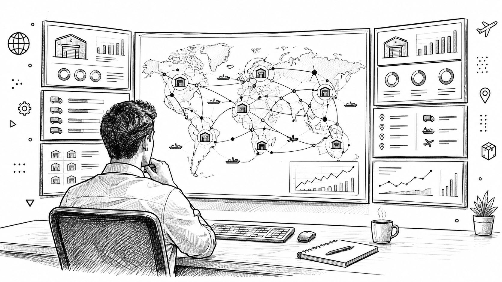 A professional analyzing a global supply chain network on a digital screen in a modern office.