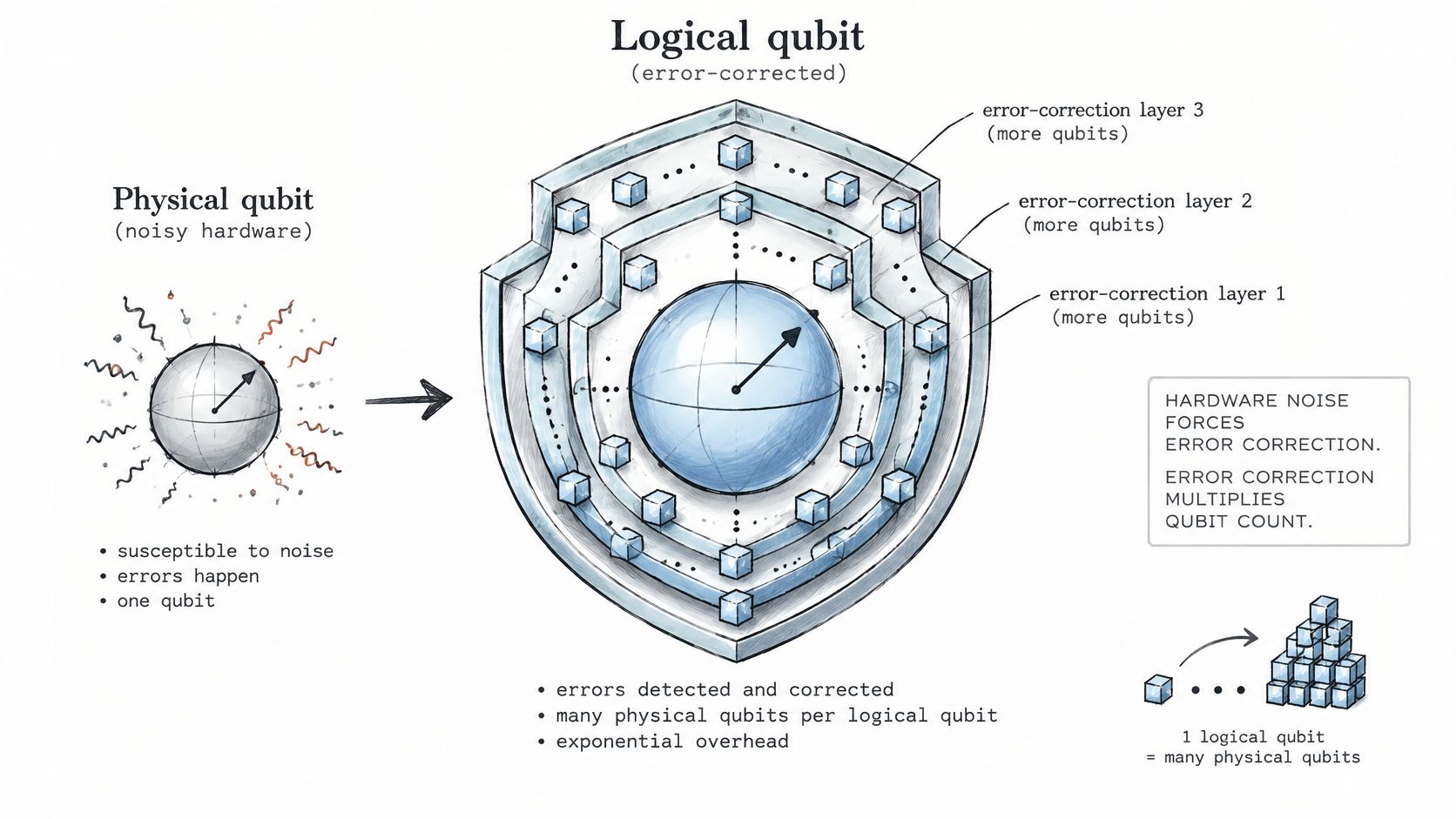 A diagram contrasting a noisy physical qubit with a shielded logical qubit protected by error-correction layers.