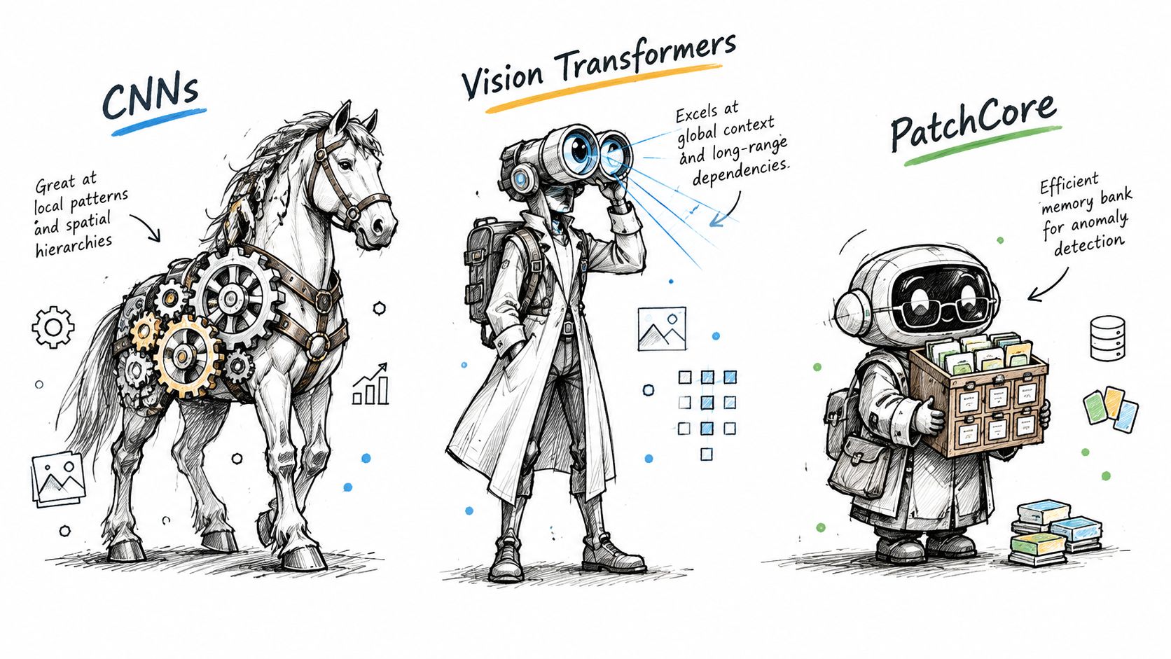 A hand-drawn illustration comparing CNNs, Vision Transformers, and PatchCore models for AI image analysis and defect detection.