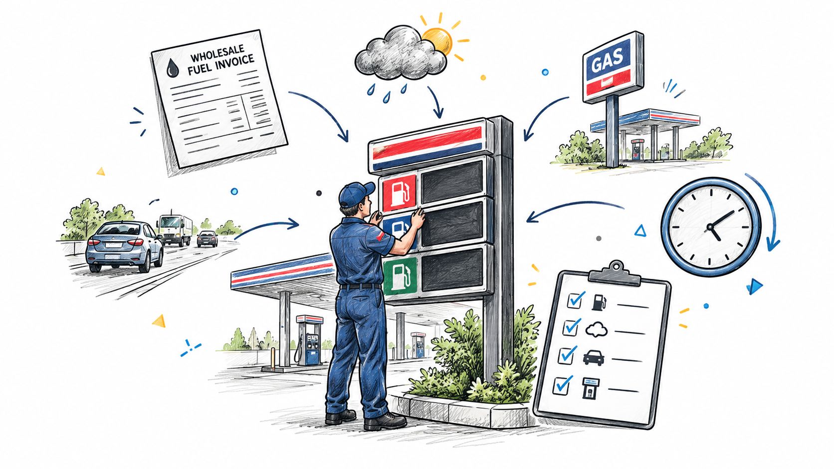 A gas station attendant updating dynamic pricing on a sign, representing real-time fuel price optimization strategies.