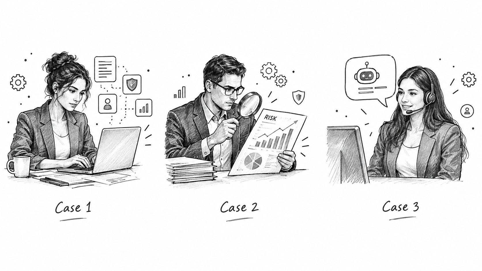 Three professional illustrations depicting AI applications in the insurance industry: data analysis, risk management, and customer support.