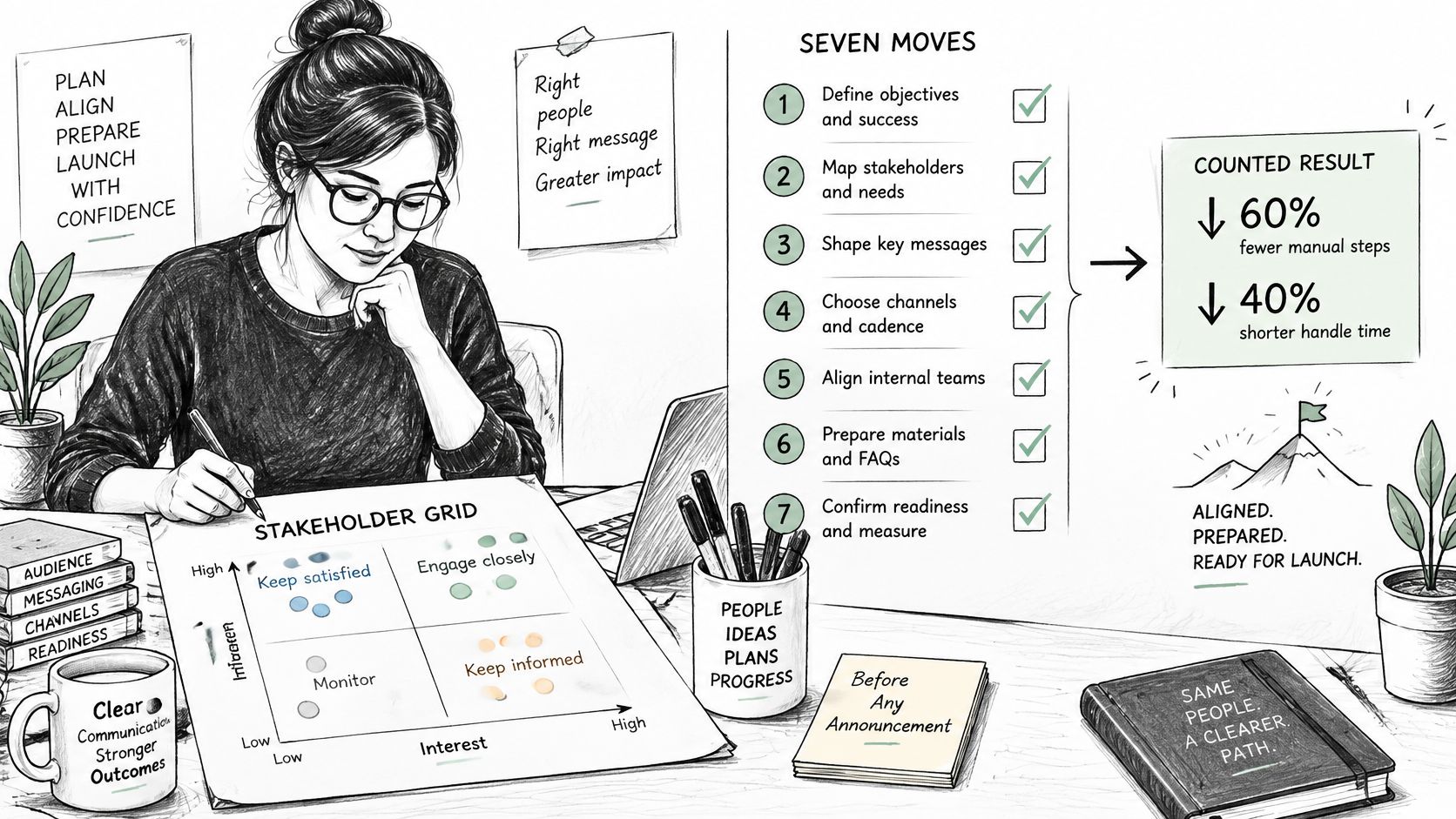 A woman sketching a stakeholder grid and seven communication strategy steps at her organized office desk.