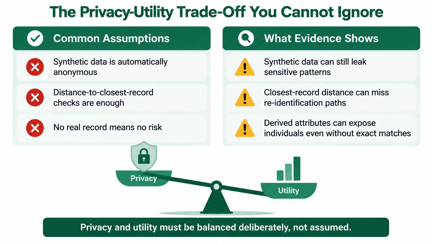 An infographic illustrating the privacy and utility trade-off in synthetic data generation with common assumptions and risks.