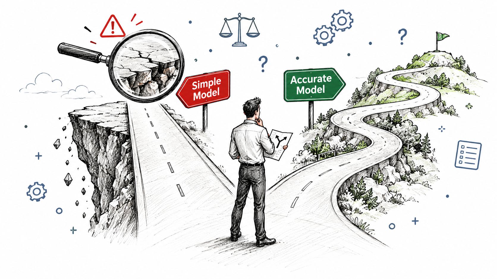 A person standing at a crossroads deciding between a broken path for a simple model or a winding road to an accurate model.