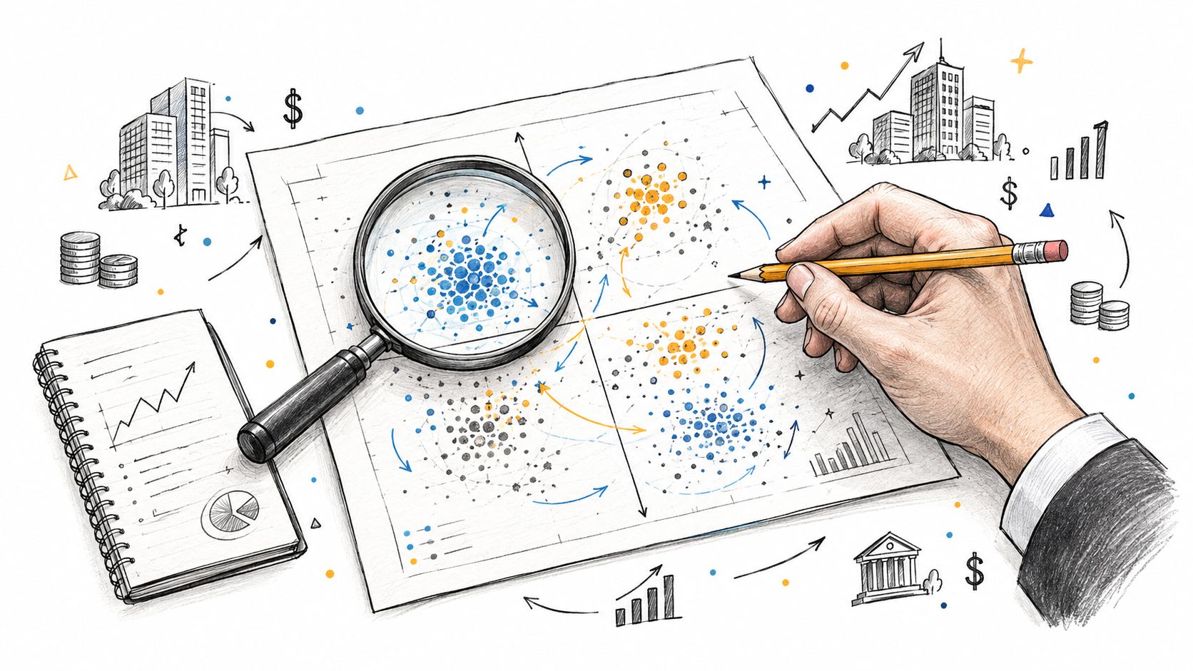 A hand using a pencil to analyze data charts with a magnifying glass over financial diagrams.