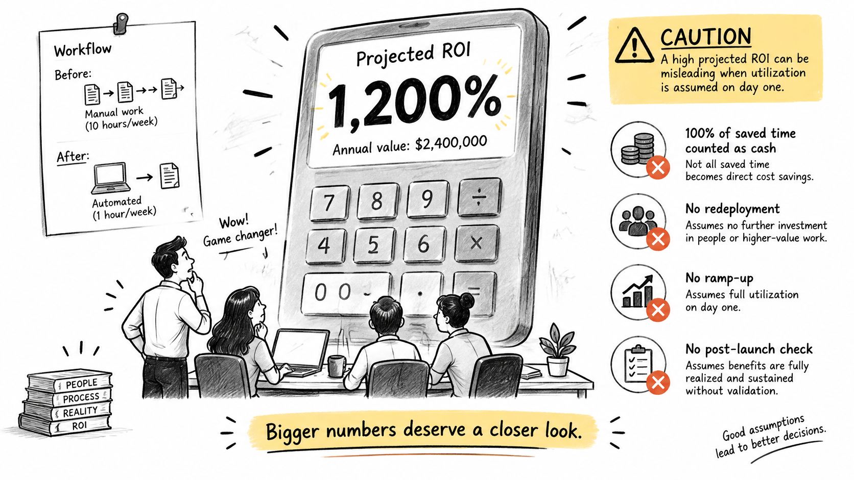 A hand-drawn illustration showing a business team analyzing a misleading high projected ROI calculator result.