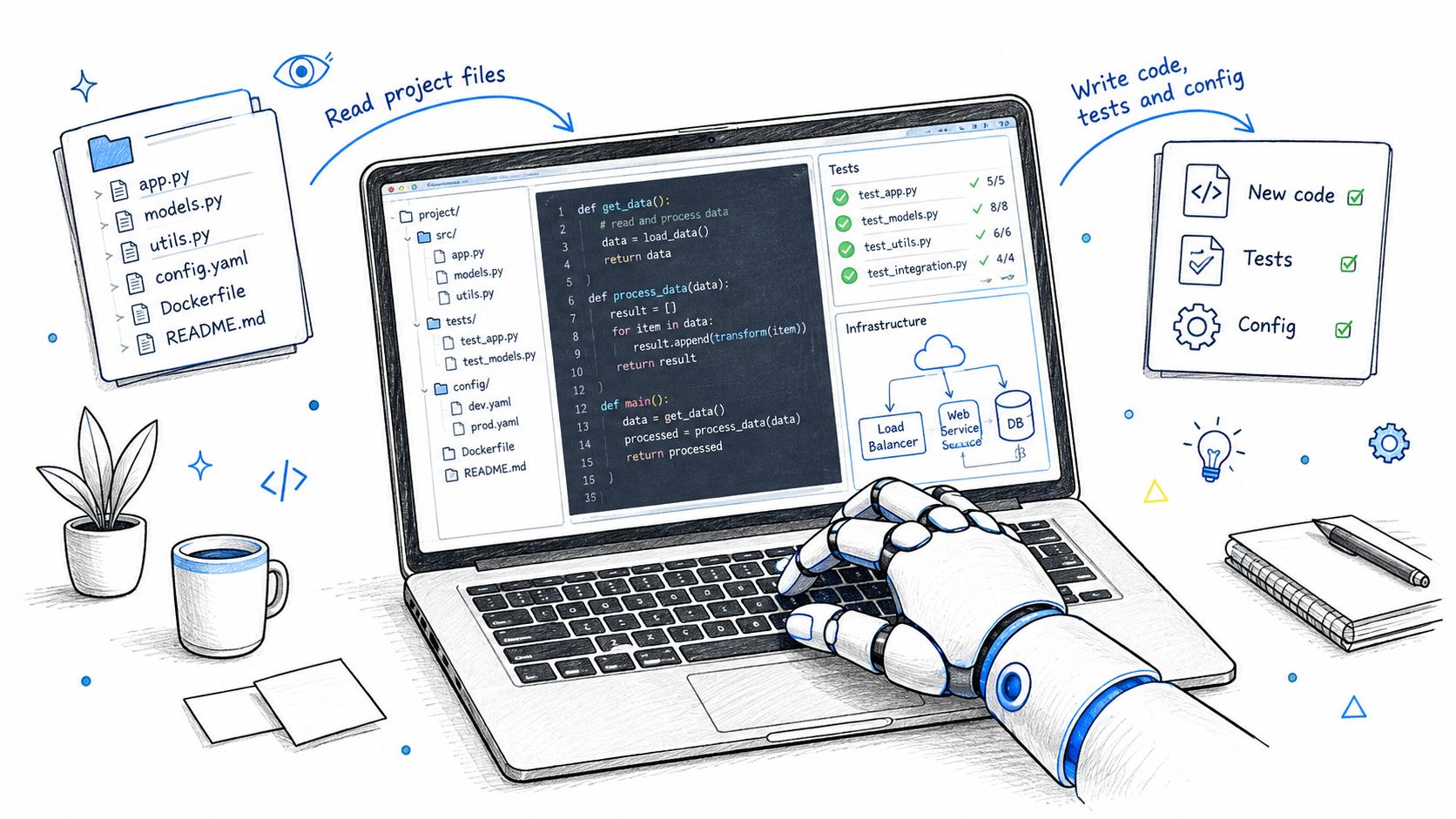 A robotic hand working on a laptop displaying software development files, testing results, and infrastructure diagrams.