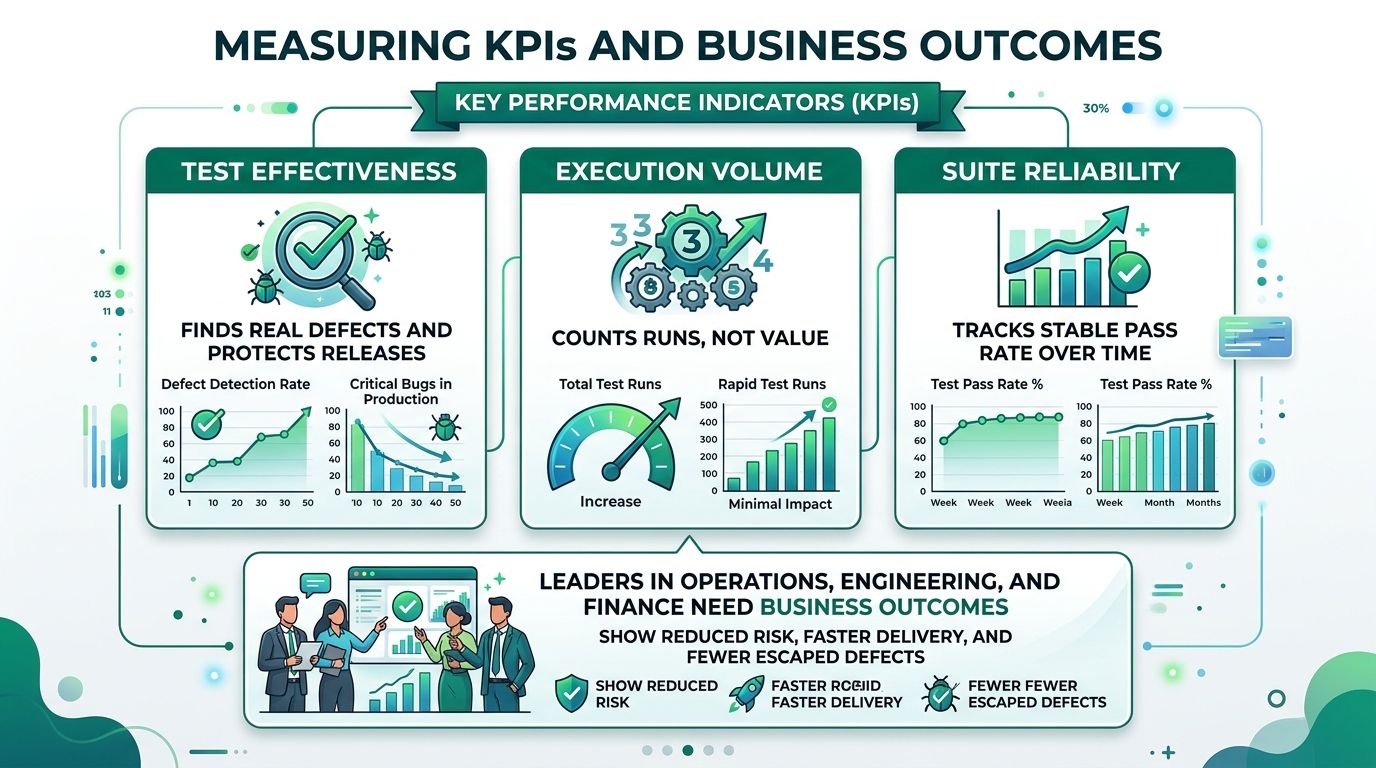 A diagram illustrating Key Performance Indicators for automated test engineering, focusing on effectiveness, execution volume, and reliability.