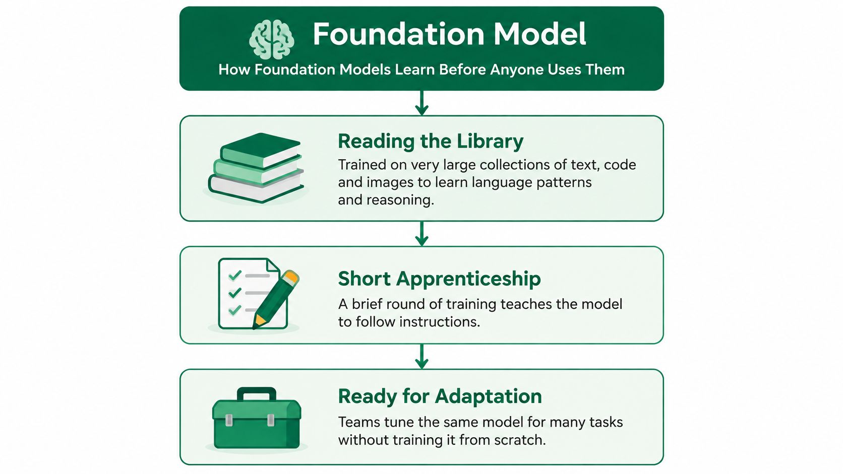 A diagram illustrating the three-step training process for foundation models, from reading data to final adaptation.