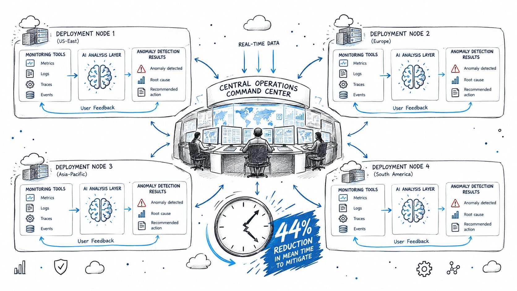 A hand-drawn infographic depicting AI in IT operations using a central command center and distributed global deployment nodes.