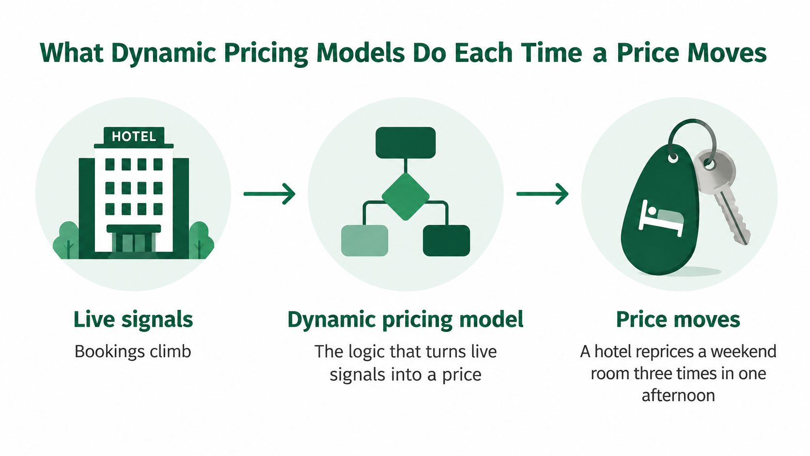 A diagram illustrating how dynamic pricing models process live booking signals to automatically adjust hotel room prices.