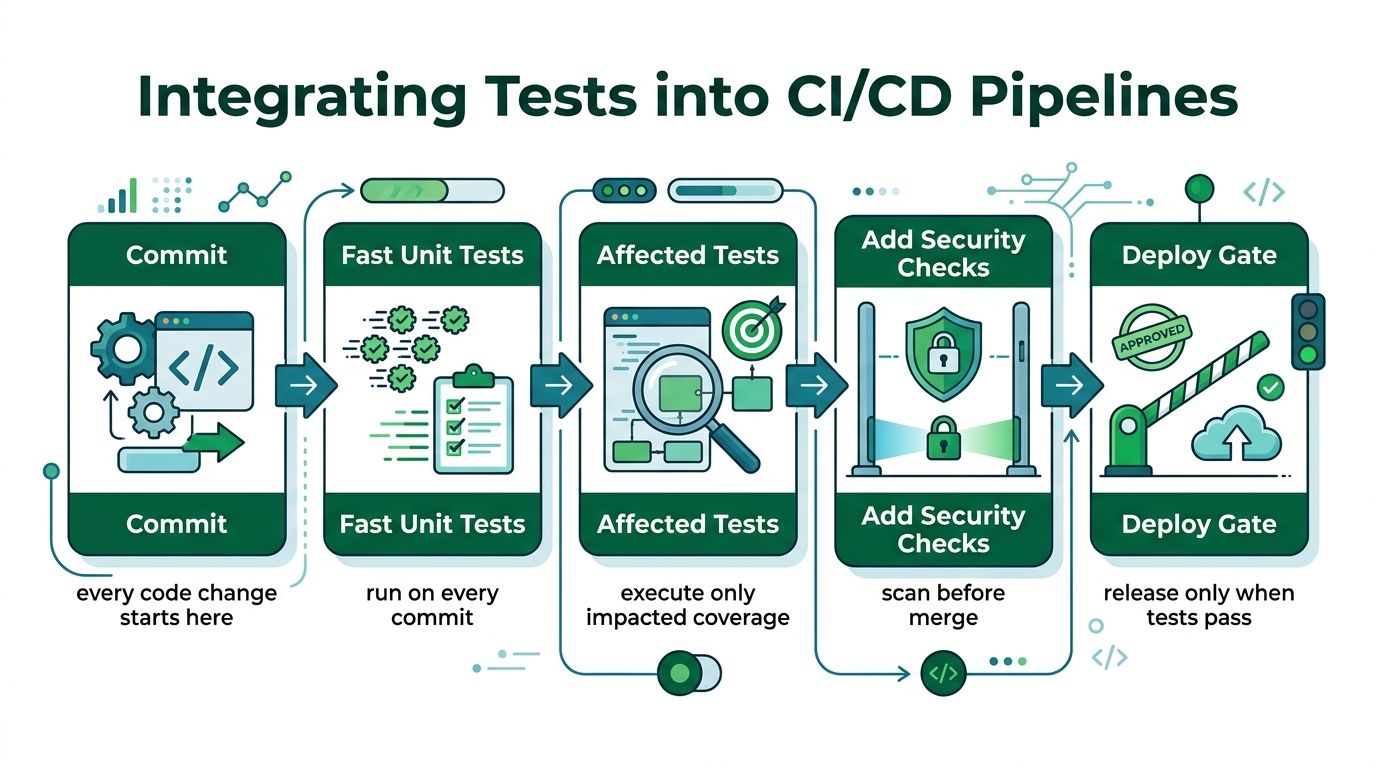 A diagram illustrating the stages of integrating automated tests into a modern CI/CD software development pipeline.
