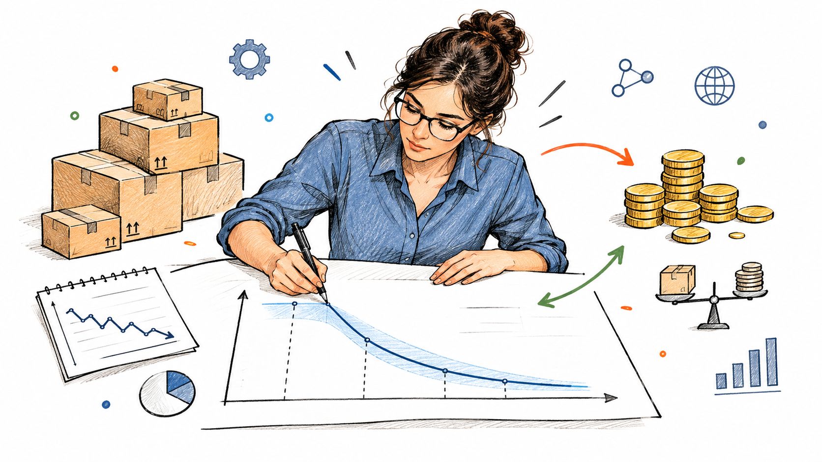 A professional woman working on supply chain logistics and financial analysis using data charts and diagrams.