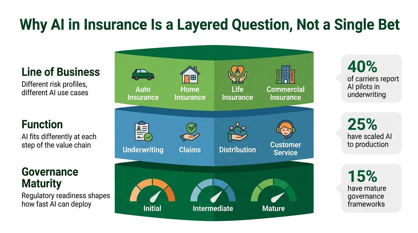A diagram illustrating three layers of AI in insurance: line of business, function, and governance maturity.