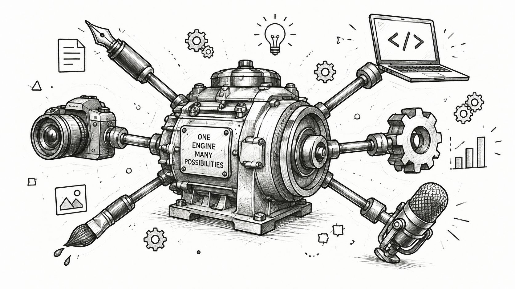 A mechanical engine powering various creative tools including a camera, pen, paintbrush, laptop, and microphone.