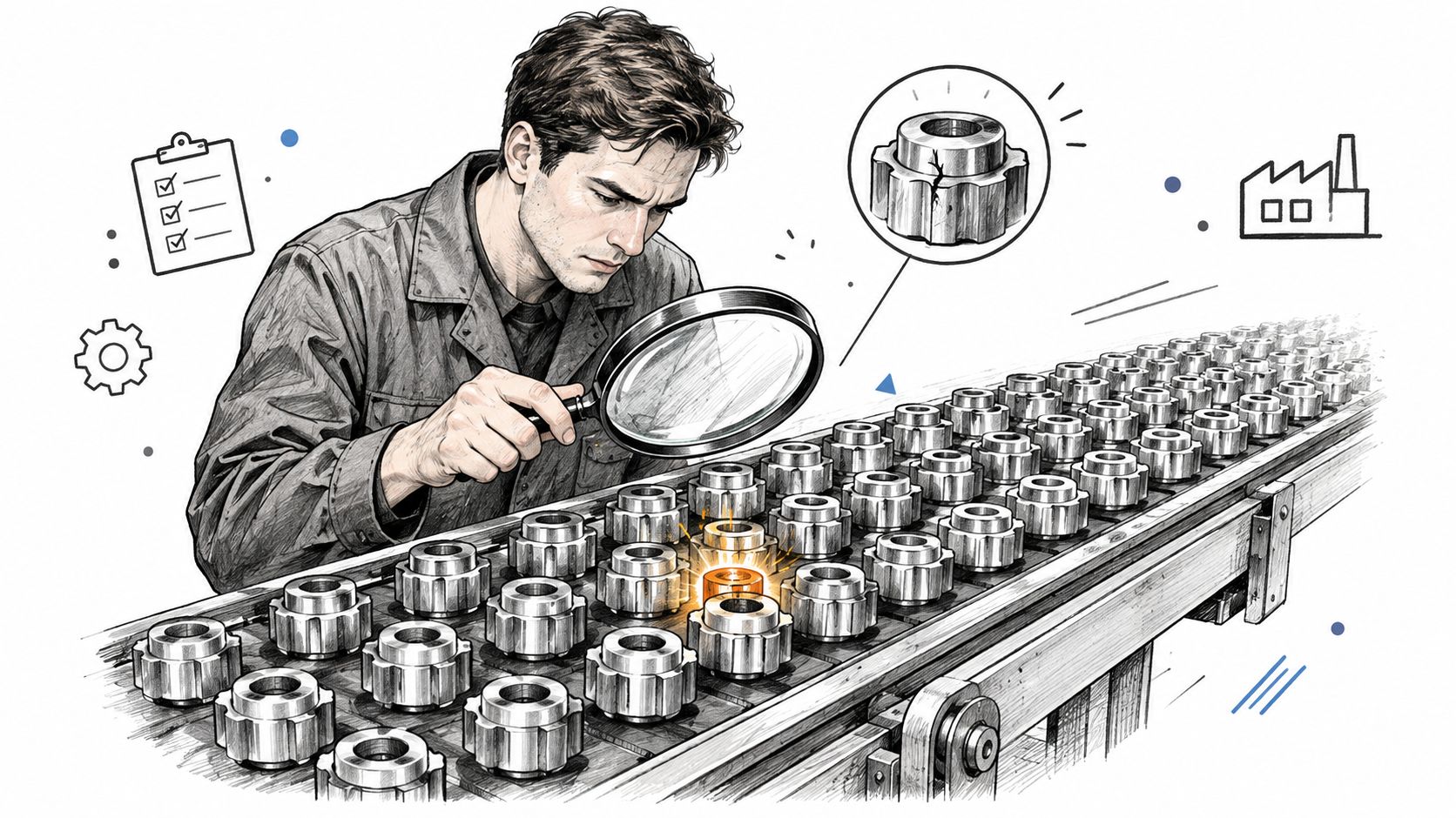 A quality control engineer inspects metal gears on a factory conveyor belt using a magnifying glass.