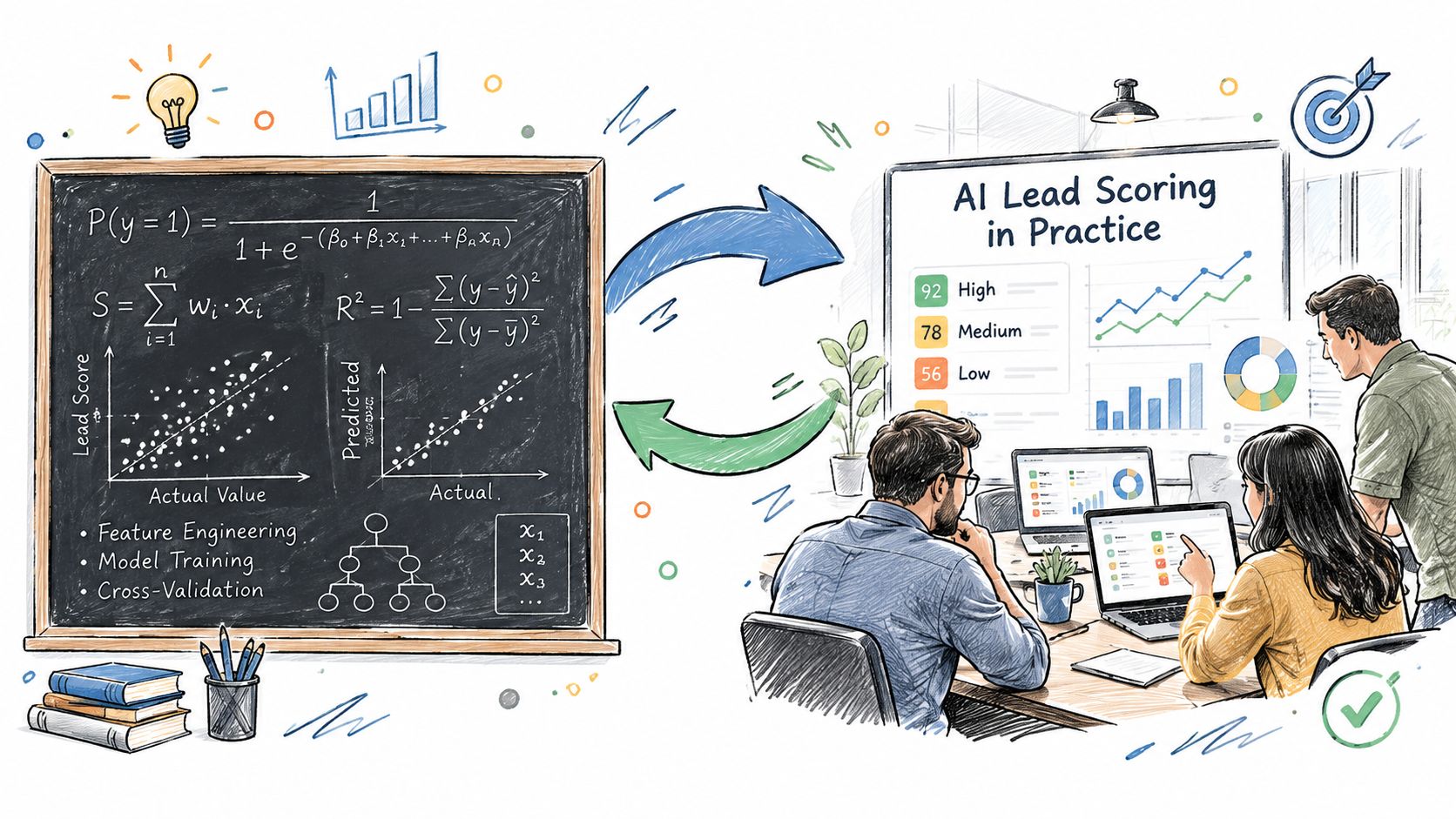 A conceptual illustration showing the transition from mathematical data modeling on a blackboard to AI lead scoring software.
