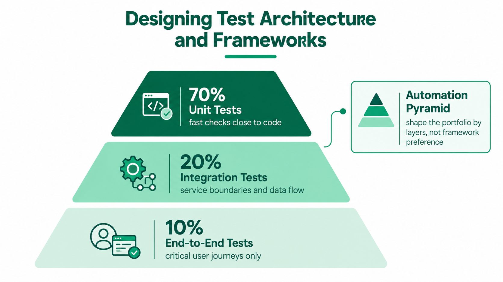 A diagram illustrating the automation test pyramid with unit, integration, and end-to-end test distribution percentages.