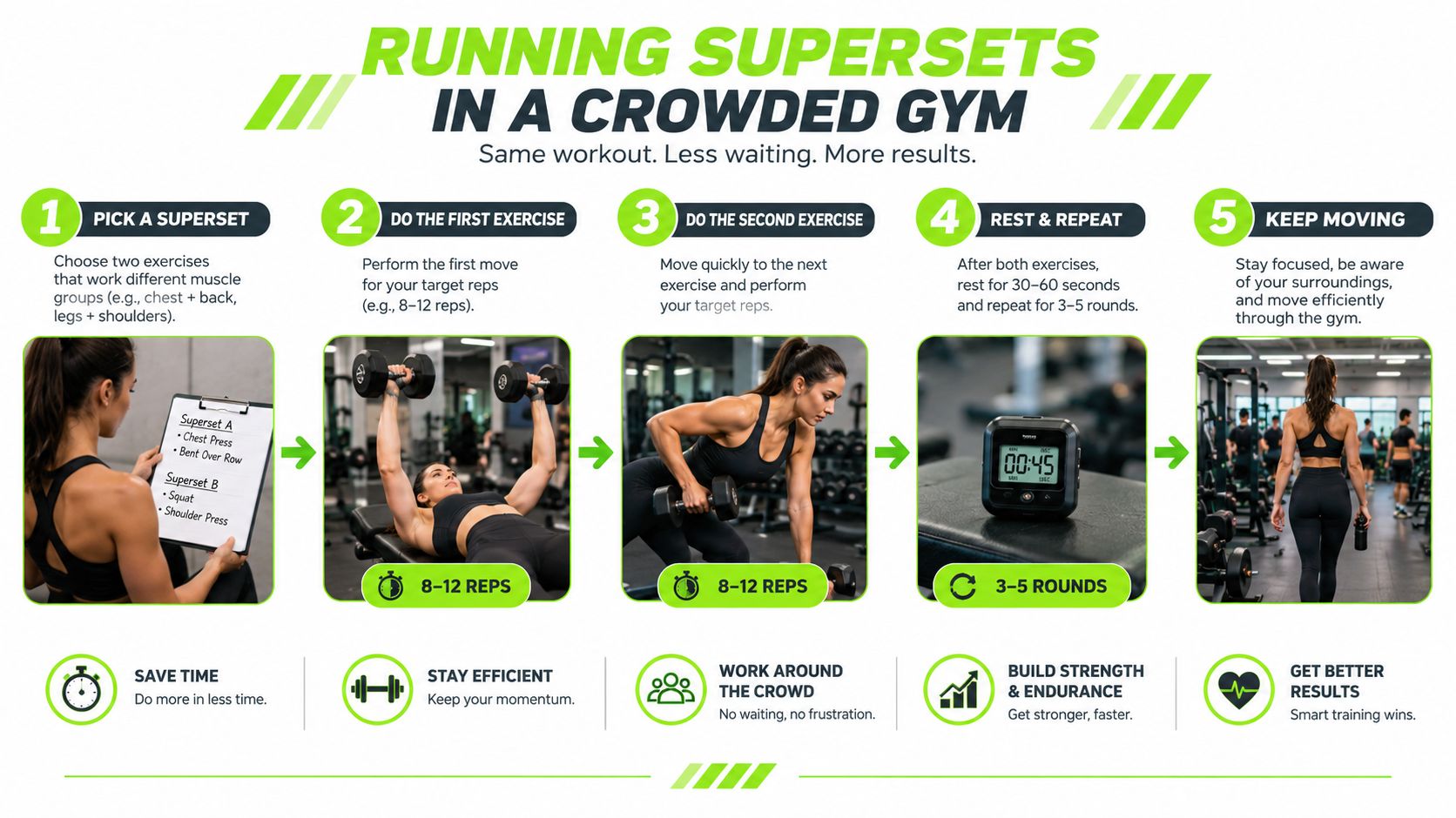 A five-step infographic showing how to perform supersets efficiently in a crowded gym environment.