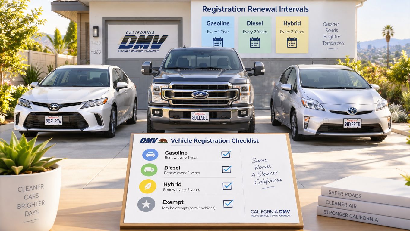 A driveway with three cars displaying a California DMV vehicle registration renewal checklist and interval information.