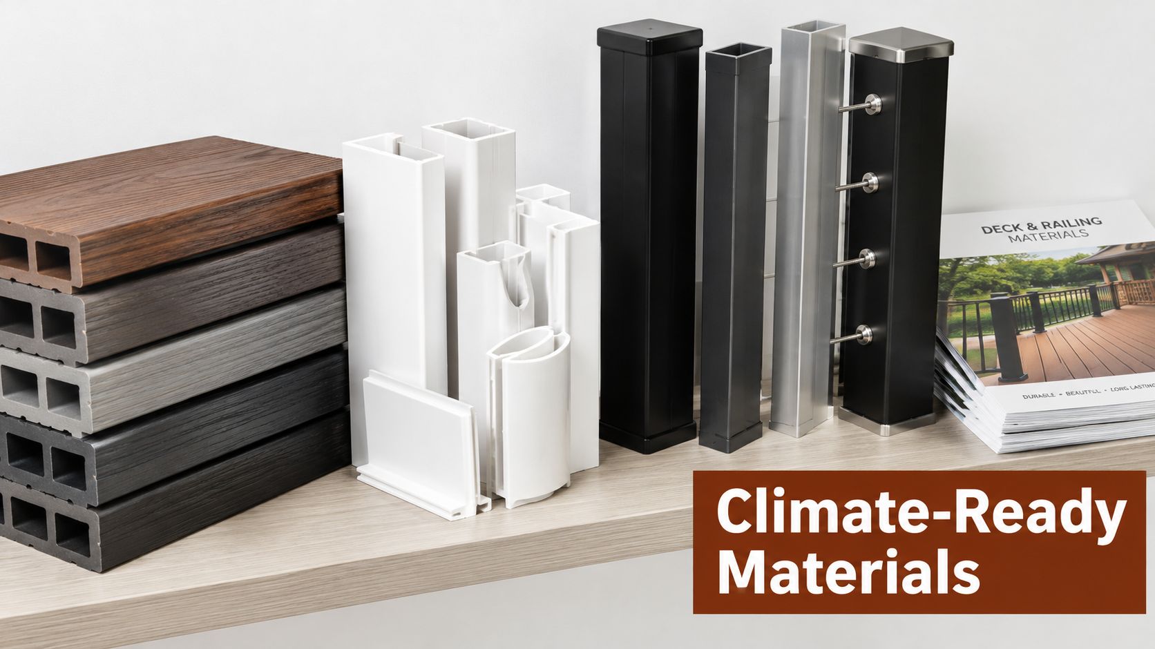 A display of deck and railing materials including wood-look composite boards, white posts, and metal railing posts.