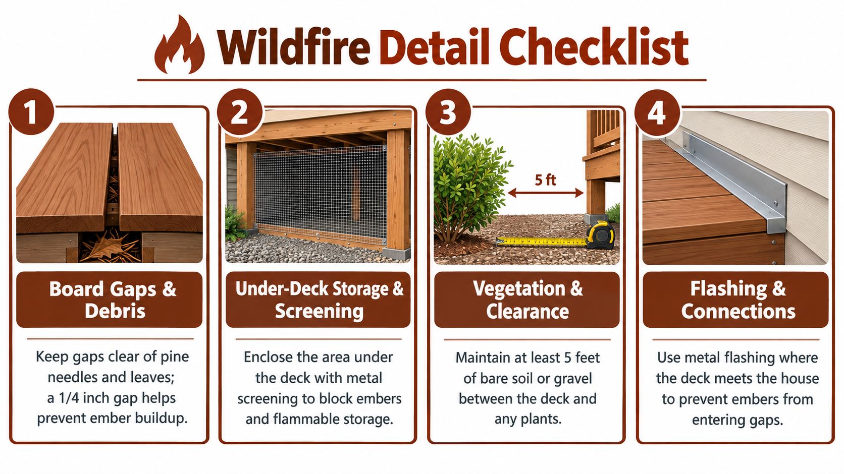 A four-step wildfire safety checklist for residential decks showing debris removal, under-deck screening, plant clearance, and flashing.