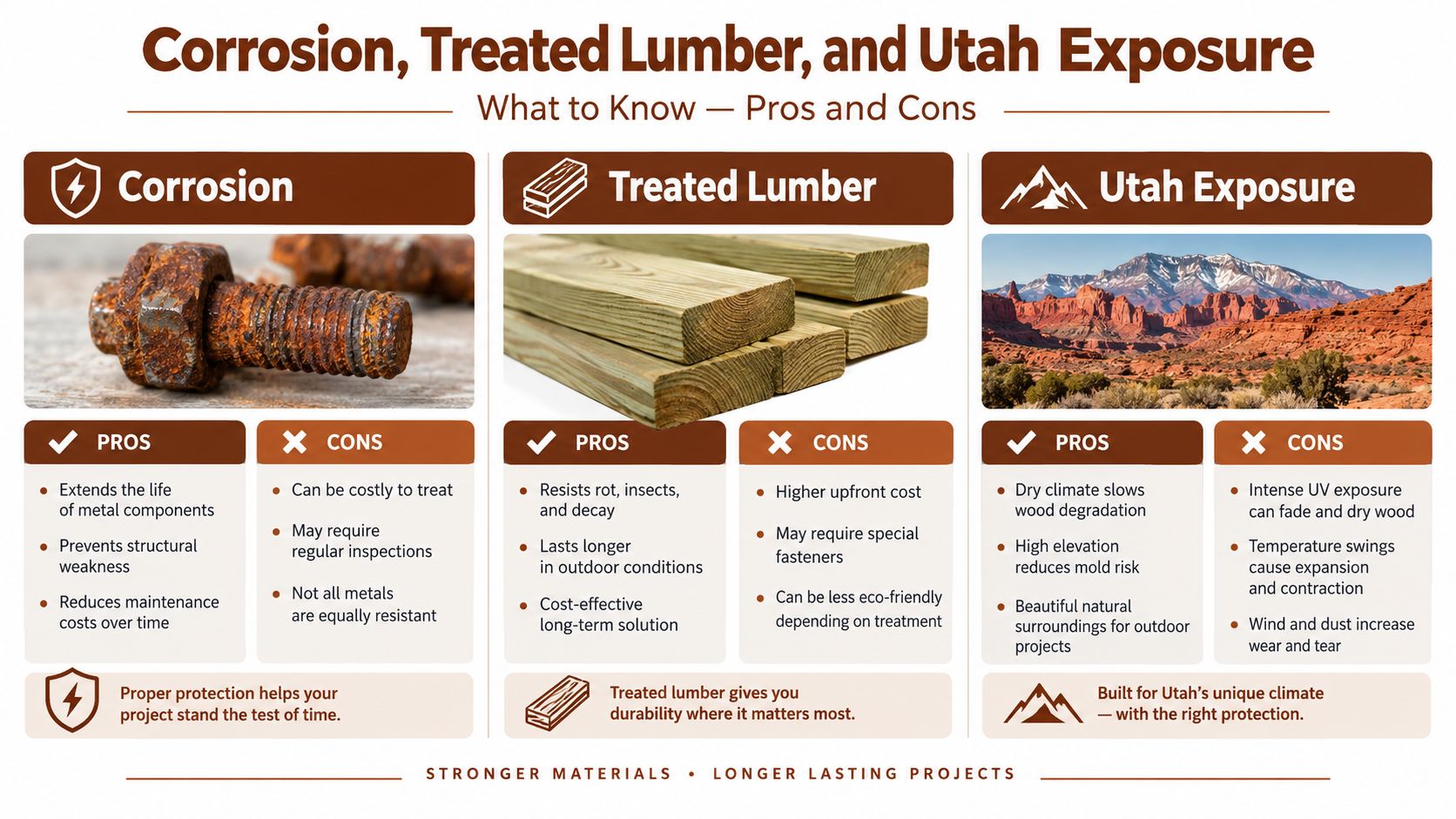 An infographic detailing the pros and cons of corrosion protection, treated lumber, and Utah's climate for construction.