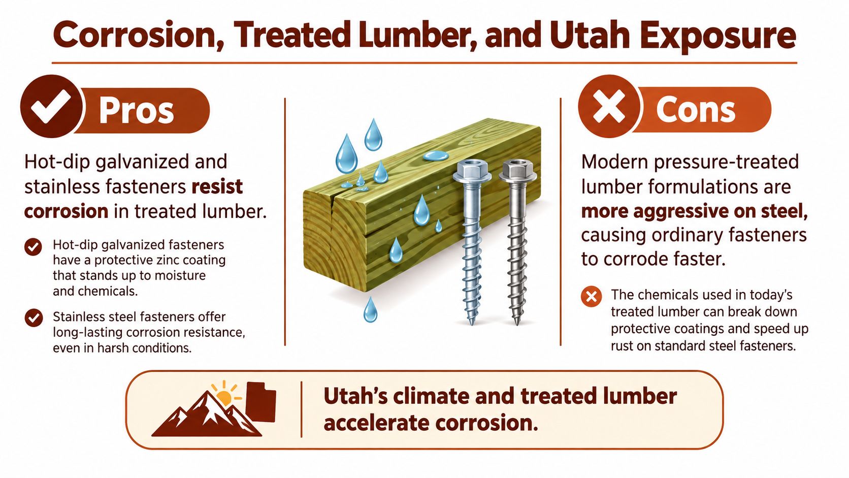 An infographic showing pros and cons of using various fasteners with pressure-treated lumber in Utah's climate.