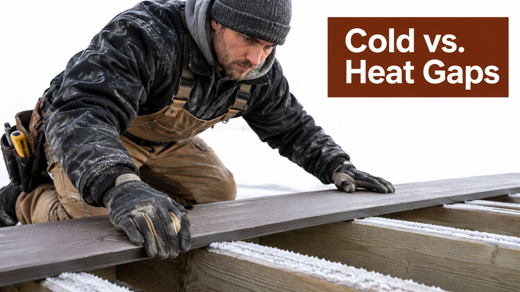 A construction worker installing composite decking boards in cold weather while wearing heavy winter gear.