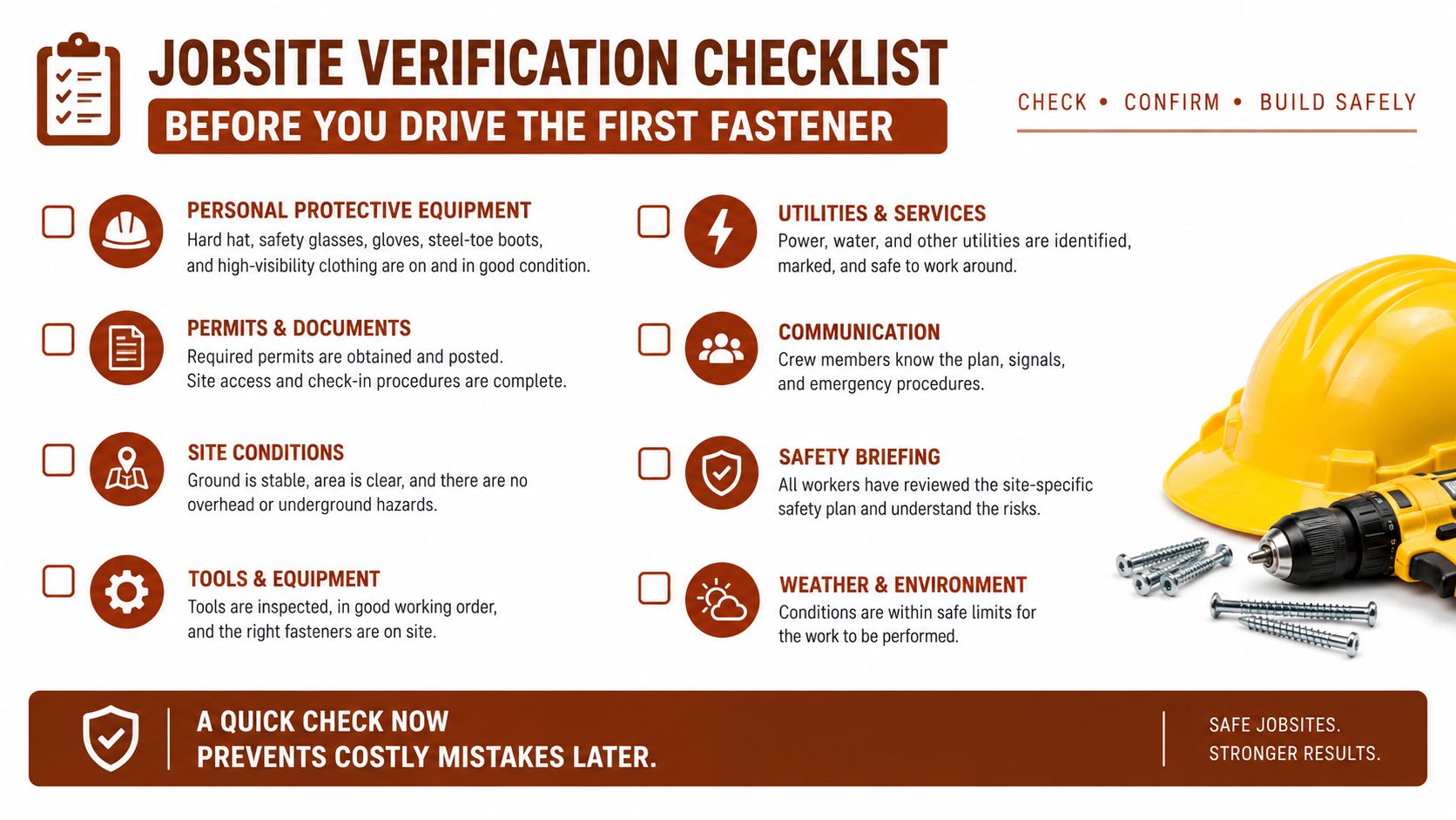 A safety jobsite verification checklist infographic listing key construction requirements to review before beginning any building project.