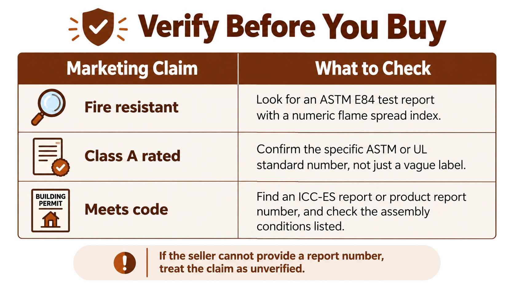 A helpful infographic showing consumers how to verify fire-resistant and building code claims before purchasing building materials.