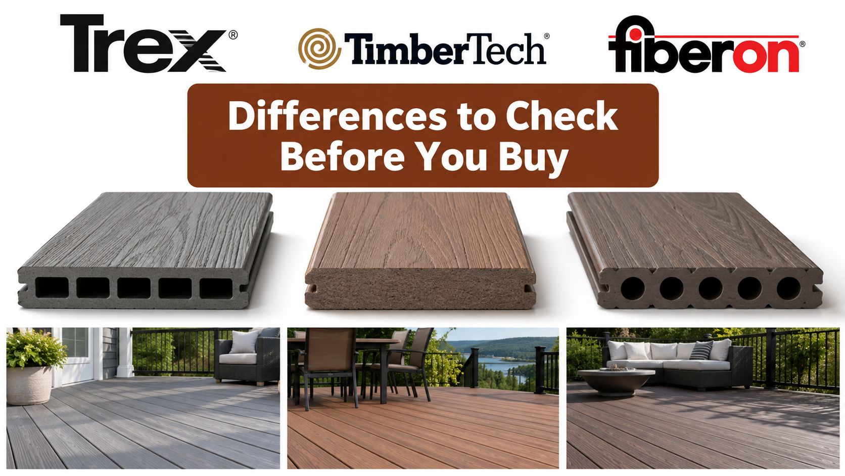 A comparison image showing deck board profiles and finished decks from Trex, TimberTech, and Fiberon brands.