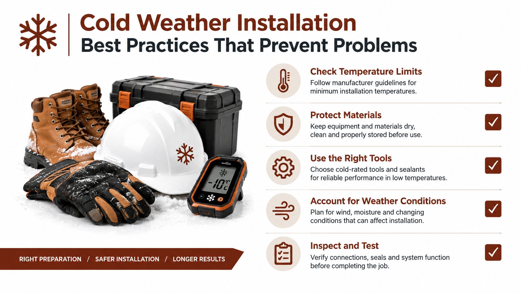 Informational graphic detailing best practices for cold weather installation of construction and decking materials.