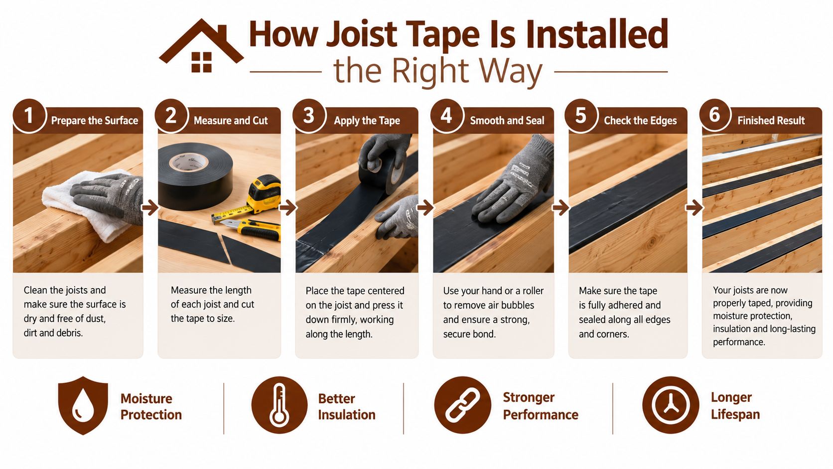 A six-step infographic guide explaining the proper process for installing protective joist tape on wooden beams.