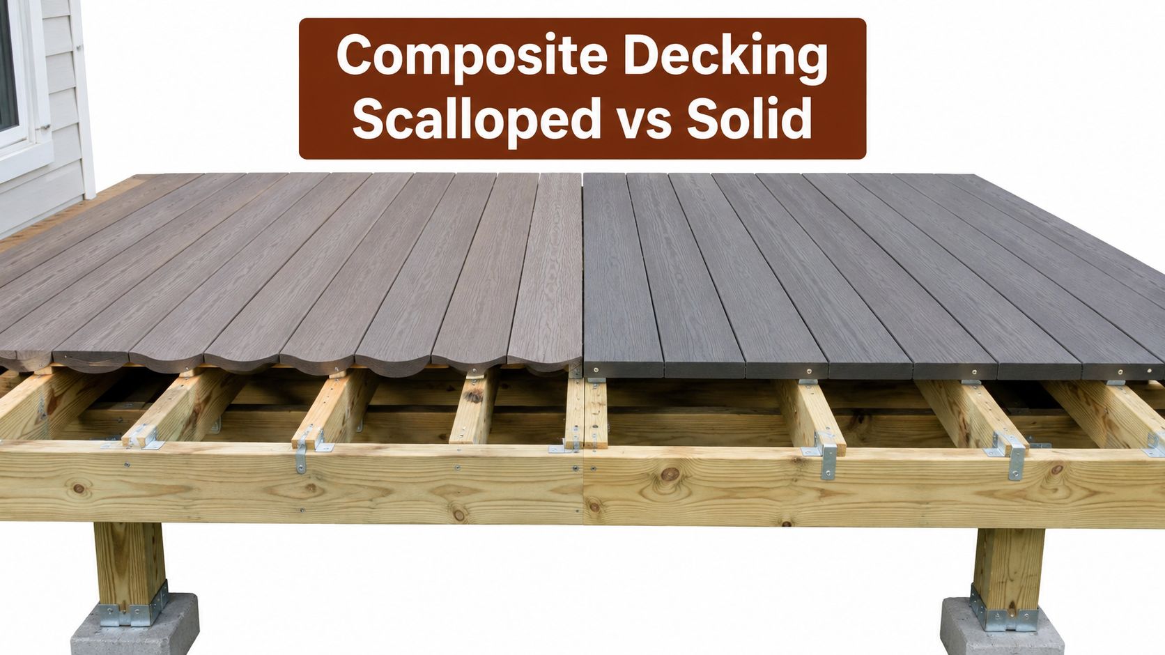 A side-by-side comparison of scalloped and solid composite decking boards installed on a wooden deck frame.