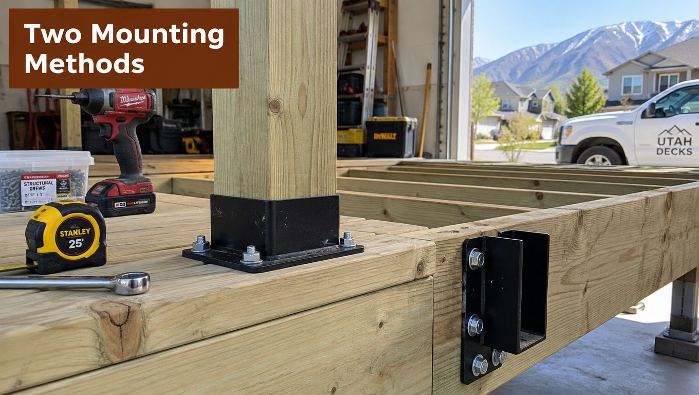Comparison of two deck railing post mounting methods, featuring a surface mount base and a side fascia mount bracket.