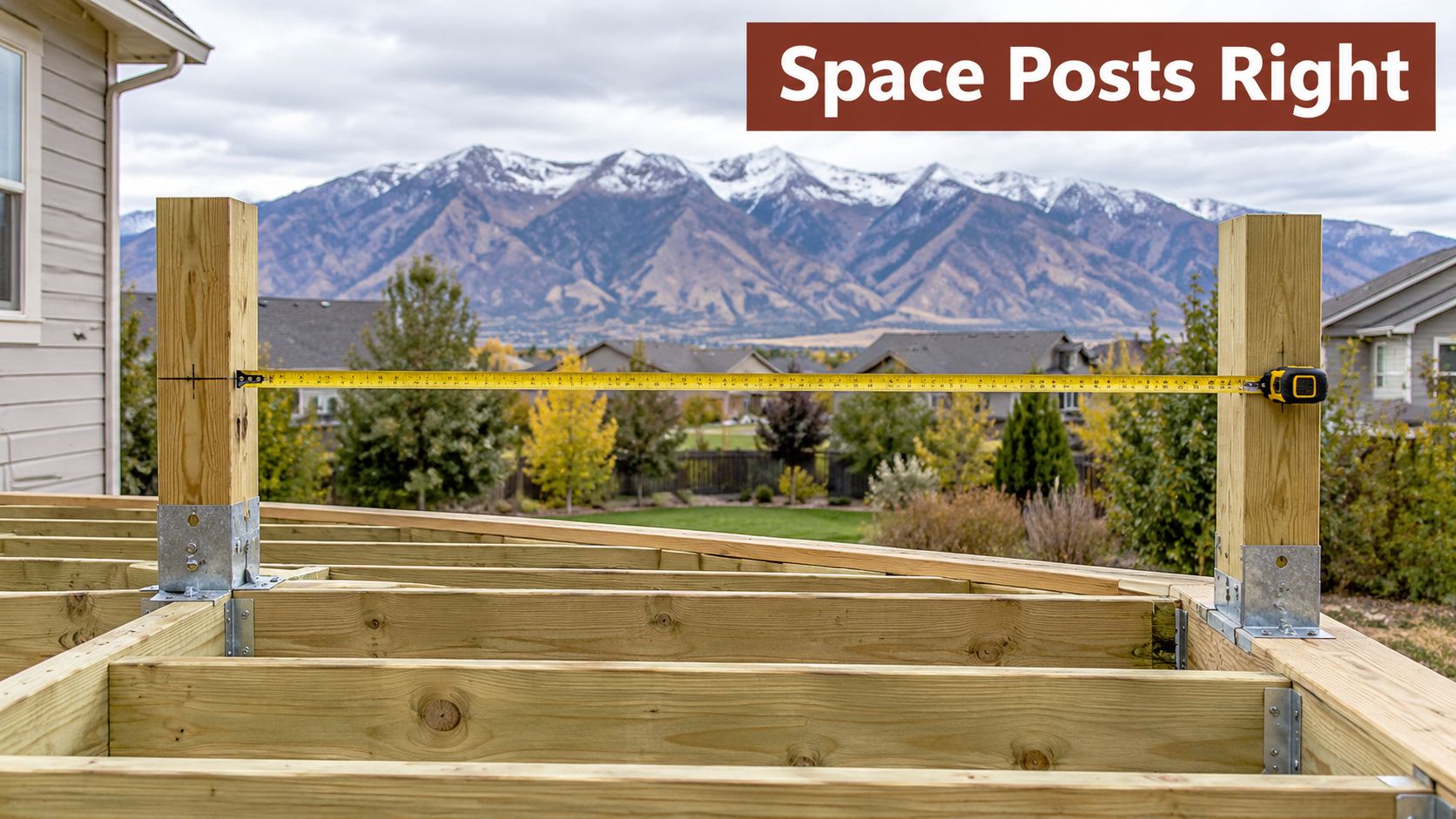 A measuring tape stretched between two wooden deck posts during outdoor construction of a home deck.