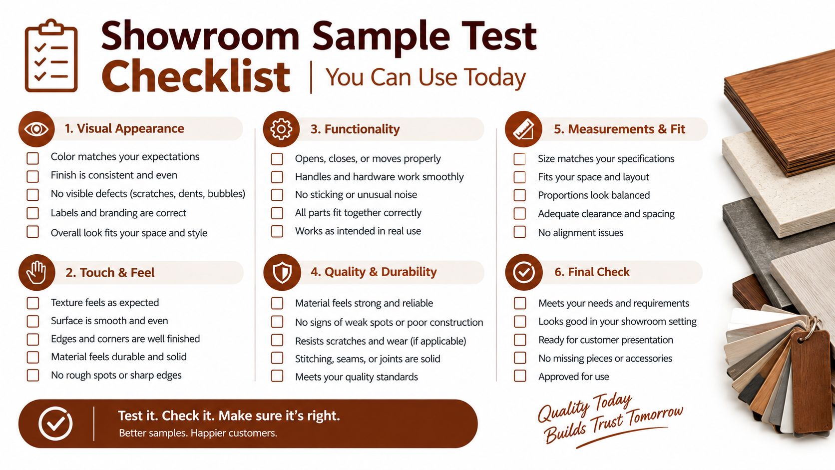A comprehensive checklist for showroom samples to evaluate visual appearance, functionality, quality, measurements, and final durability standards.