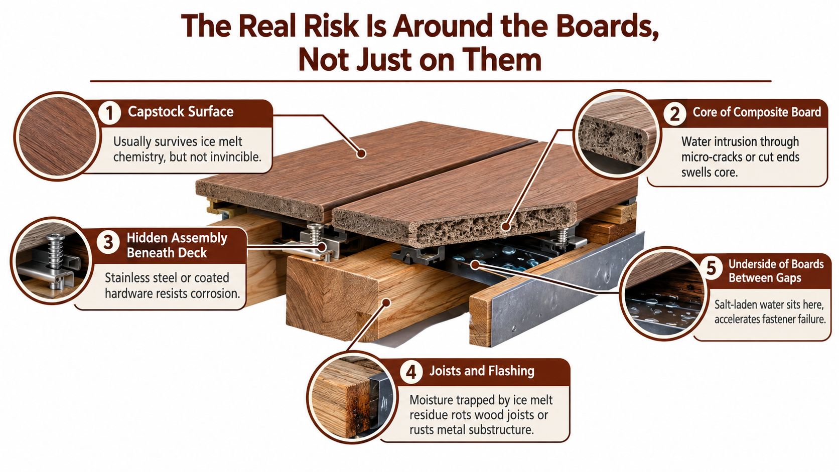 A diagram illustrating how ice melt chemicals negatively affect composite decking materials, fasteners, and support structures.
