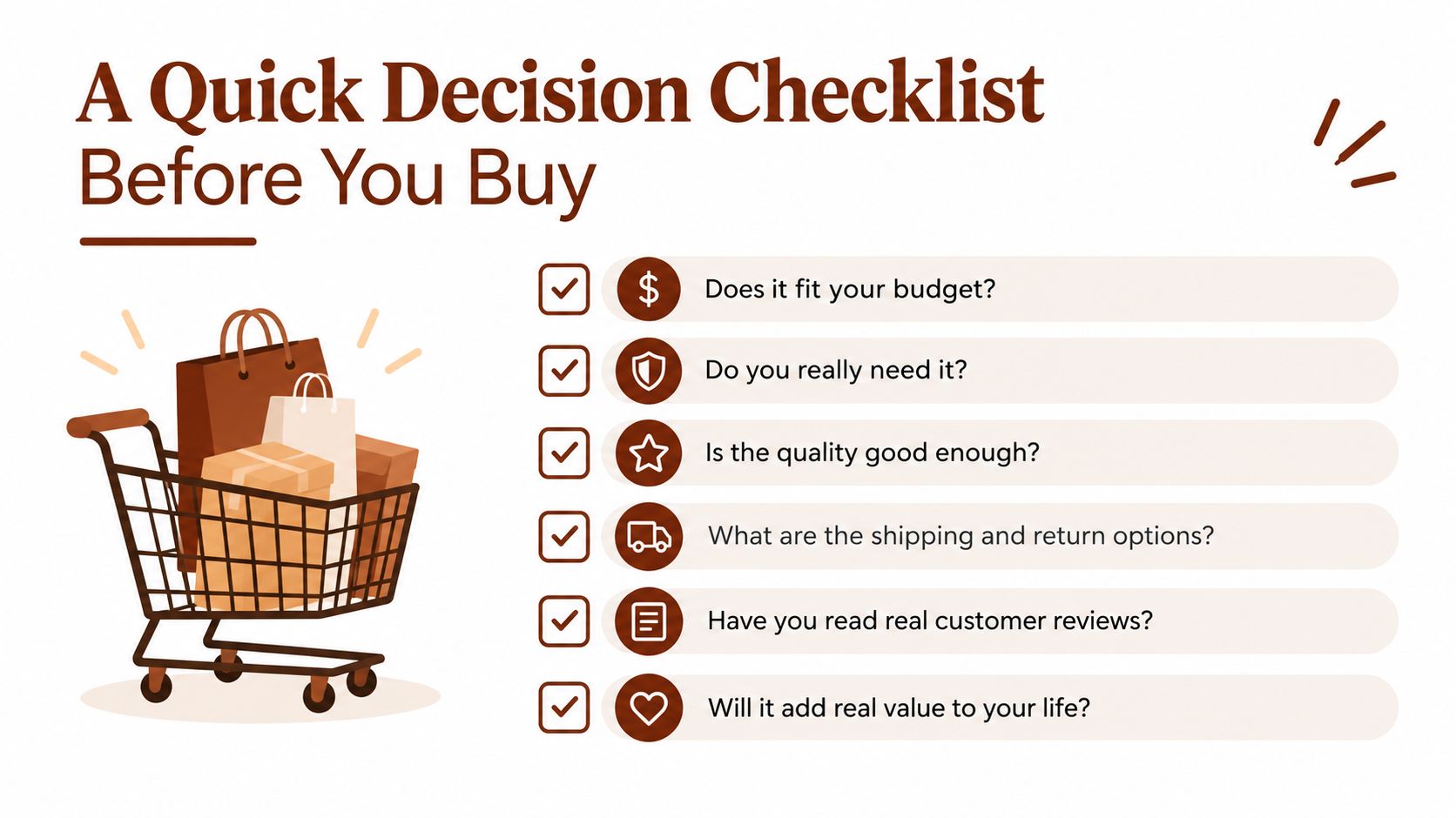 A checklist infographic titled A Quick Decision Checklist Before You Buy with shopping-related questions and icons.