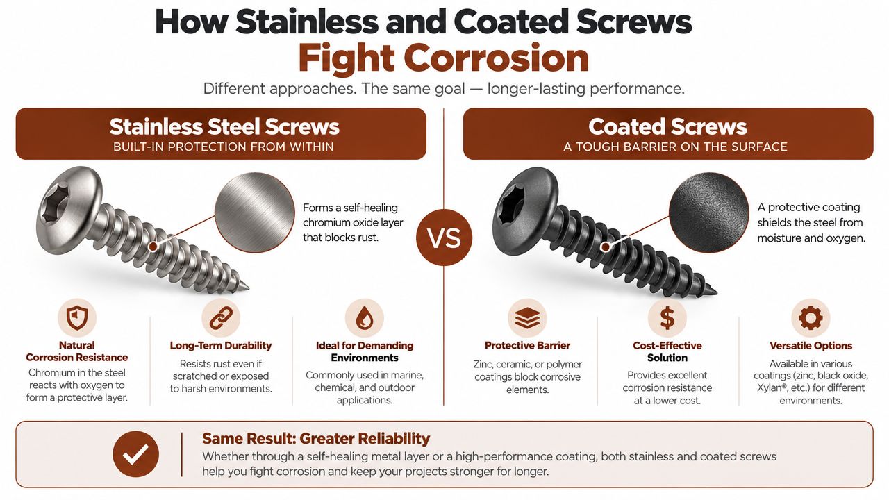 An infographic comparing stainless steel screws and coated screws, highlighting how both effectively fight corrosion.