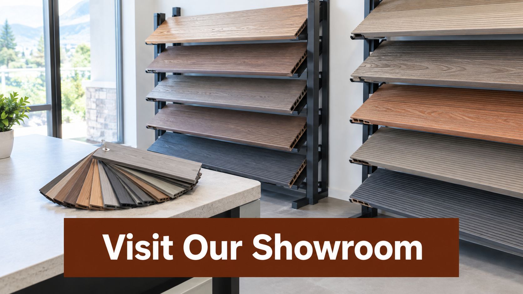 A professional showroom displaying various wood-look decking samples for comparing PVC and composite material options.