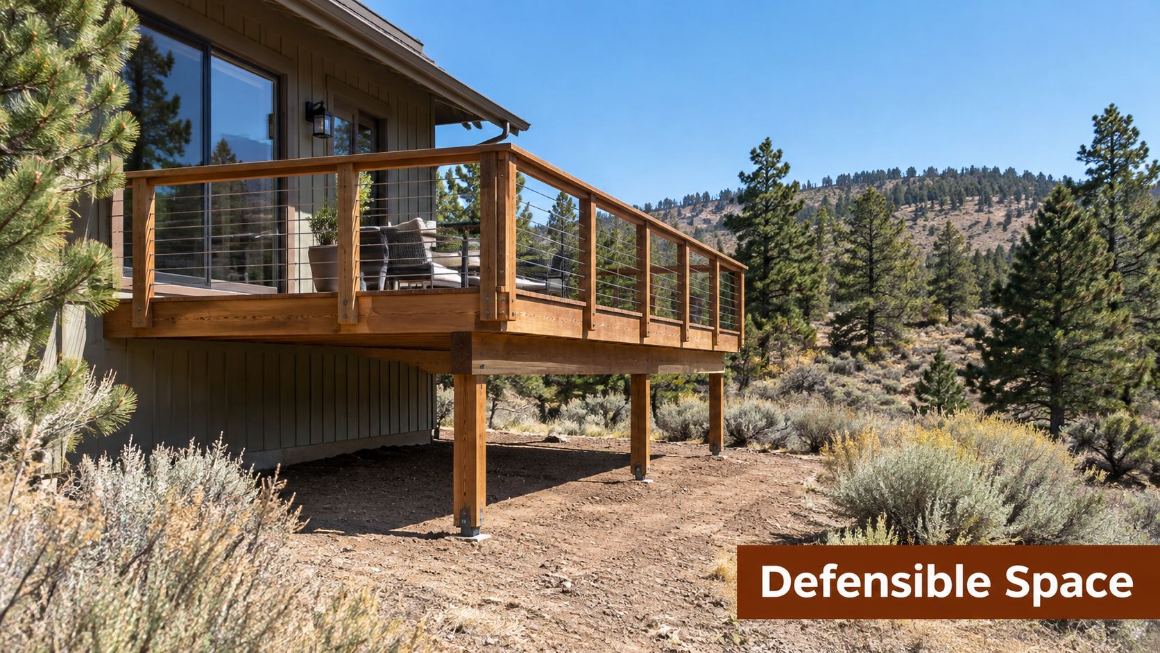 A modern wooden deck built with fire resistant decking materials, surrounded by cleared defensible space landscape.