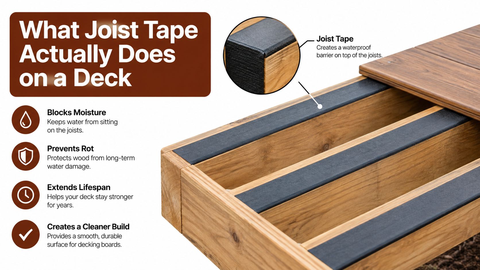 A diagram demonstrating how joist tape protects wooden deck beams from moisture, rot, and structural damage.