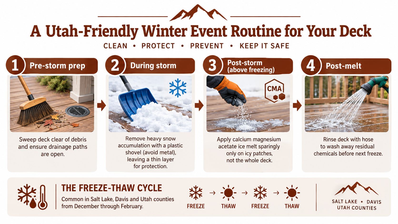 An infographic showing a four-step winter maintenance routine for keeping wooden decks safe in Utah.
