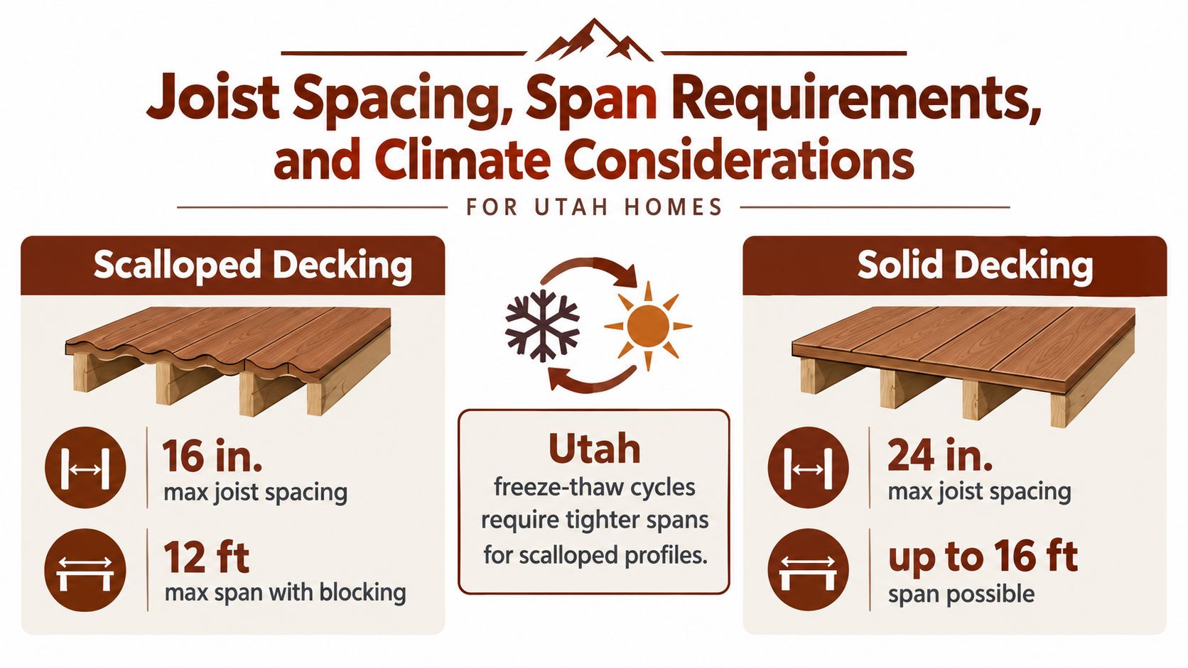 A graphic showing joist spacing and span requirements for scalloped versus solid composite decking in Utah.