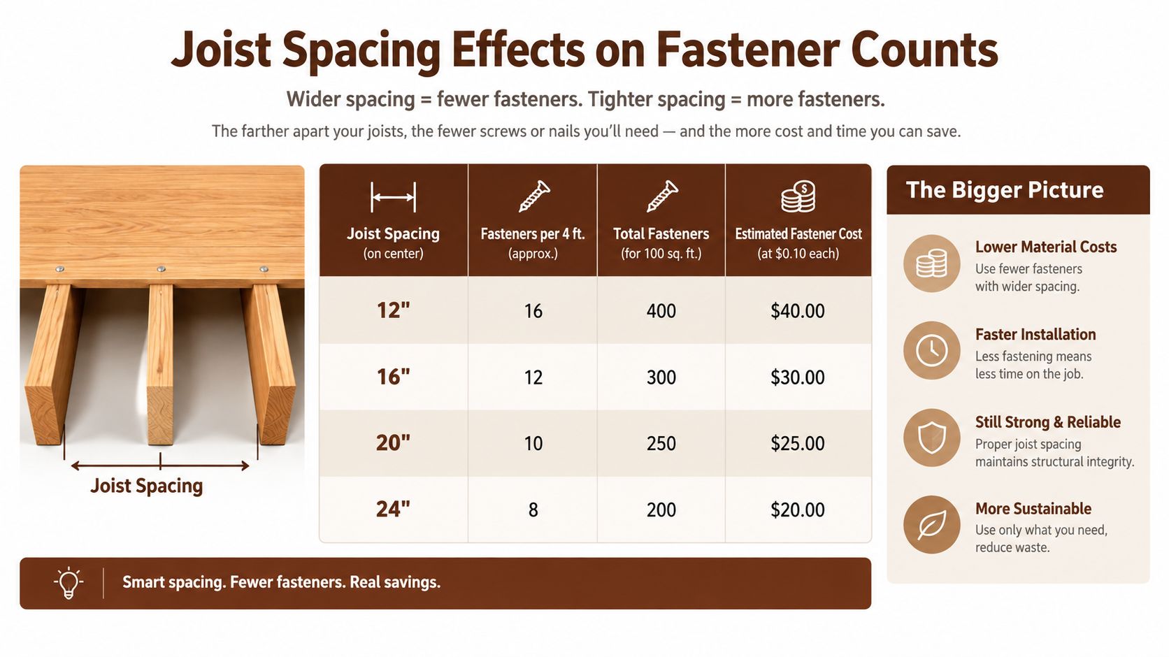 A chart showing how wider joist spacing reduces the total number and cost of deck fasteners needed.